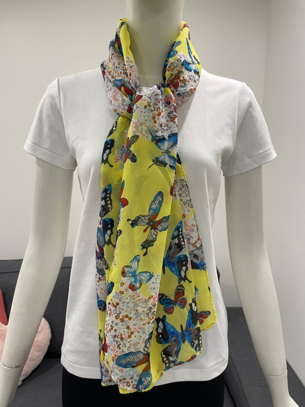 Silky Sheer Yellow Scarf with Flowers and Butterflies 18" x 61" Rectangle
